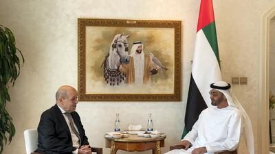 Sheikh Mohamed bin Zayed holds talks with French minister Jean-Yves Le Drian. Mohamed Al Hammadi / Ministry of Presidential Affairs