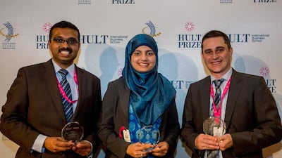 Team Attallo's Hult prizewinners Lak Chinta, left, Aisha Bukhari, and Peter Cinat. The trio will now prepare for the grand final in New York later this year. Courtesy Nick Cooper at Seven Media