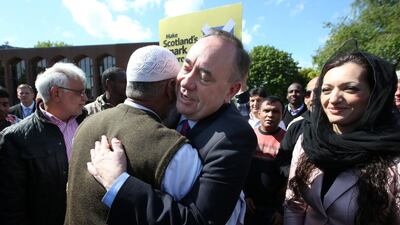 The SNP leader and Scotland’s first minister Alex Salmond during a visit to Glasgow Central Mosque. Andrew Milligan / PA / Jun 2014