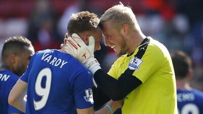 Leicester’s Kasper Schmeichel celebrates with Jamie Vardy at the end of the match. Action Images via Reuters / Lee Smith