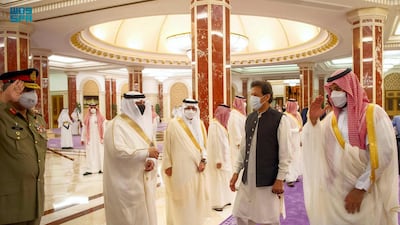 Saudi Crown Prince Mohammed bin Salman, right, with Imran Khan at the royal court at Al Salam Palace in Jeddah, after the Pakistani prime minister arrived in Saudi Arabia for a visit on Friday, May 7. SPA