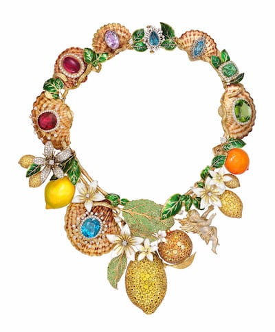 Taormina Necklace in titanium and pave-set with diamonds, tsavorites and orange-yellow sapphires. Photo: Dolce & Gabbana