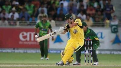 Dubai, United Arab Emirates, Sept 10 2012, Dubai Sports City, Aus v Pak- Shane Watson hits a six in their match with Pakistan. Mike Young The National??