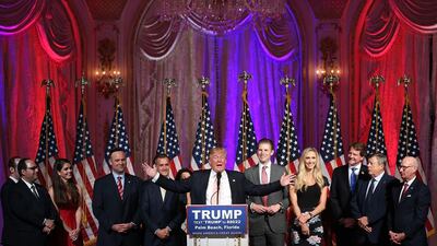 US Republican presidential candidate Donald Trump speaks during a campaign rally in Palm Beach, Florida. The violence marring recent Trump rallies is a symptom of an impending split of the traditionally conservative Republican party, analysts say. Win McNamee / Getty Images / AFP Photo