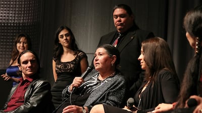 Littleweather (with the mic) attends the Q&A at the SAG President's National Task Force For American Indians and NBC Universal premiere screening Of "Reel Injun" and "American Indian Actors" at LA Skins Fest on November 20, 2010 in Los Angeles, California. AFP