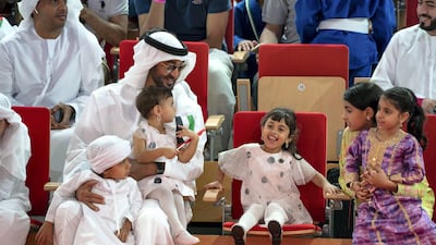 Sheikh Mohammed bin Zayed Al Nahyan Crown Prince of Abu Dhabi Deputy Supreme Commander of the UAE Armed Forces (L), attends the Abu Dhabi Jiu-Jitsu Festival. Seen with Sheikh Zayed bin Mohamed bin Tahnoon bin Mohamed Al Nahyan (L), Sheikha Salama bint Diab bin Mohamed bin Zayed Al Nahyan (2nd L), Sheikha Fatima bint Diab bin Mohamed bin Zayed Al Nahyan (3rd L)HH Sheikha Fatima bint Mohamed bin Hamad Al Nahyan (2nd R) and HH Sheikha Salama bint Khaled bin Mohamed bin Zayed Al Nahyan (R). Mohamed Al Hammadi / Crown Prince Court - Abu Dhabi