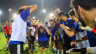 Miralem Pjanic is welcomed to training by his Sharjah teammates. Photo: Sharjah FC