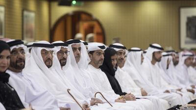 Sheikh Saif bin Zayed, Deputy Prime Minister and Minister of Interior, Sheikh Abdullah bin Zayed, Minister of Foreign Affairs and International Cooperation, Sheikh Hamed bin Zayed, Chairman of the Crown Prince Court of Abu Dhabi, Dr Amal Al Qubaisi, Speaker of the Federal National Council, Sheikh Saif bin Mohammed, Sheikh Mohammed bin Butti, Hamad bin Suhail and Sheikha Fatima bint Abdullah attend a lecture by Dr Mohammed Al Falahi, Secretary General of the Emirates Red Crescent, at the Crown Prince’s Majlis. Ryan Carter / Crown Prince Court – Abu Dhabi