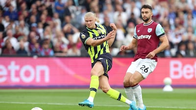 Erling Haaland shoots Manchester City into an early lead at West Ham. Getty Images