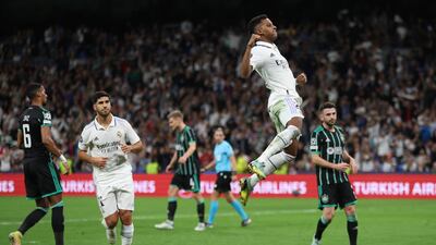 Rodrygo celebrates after scoring Real's second goal from the penalty spot. Getty