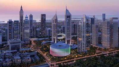 A rendering of Dubai Holding’s new headquarters, centre, and Jumeirah Residences Emirates Towers, right. Photo: Dubai Holding