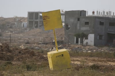 A concrete block marks the 'yellow line' to which the Israeli military withdrew in Gaza under a ceasefire agreement with Hamas. AFP