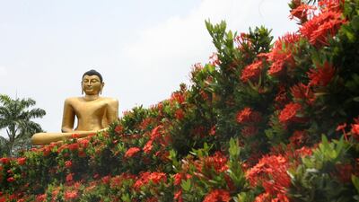 View over a sea of red flowers on a golden Buddha statue in the Viharamahadevi Park. Photo by: Maurizio Gambarini