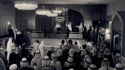 The late Sheikh Zayed Bin Sultan attending the first session of the National Consultative Council in Abu Dhabi, October 3, 1971. Photo / Al Ittihad
