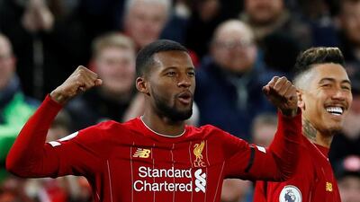 Liverpool's Georginio Wijnaldum celebrates scoring their first goal against West Ham. Reuters