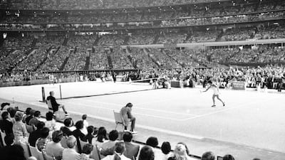 Billie Jean King’s match with Bobby Riggs, left, packed in over 30,000 to the Astrodome in Houston and attracted a huge television audience. AP Photo