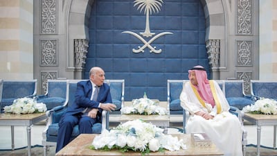 Iraqi Foreign Minister Fuad Hussein, left, meets Saudi deputy foreign minister Walid Al Khuraiji in Jeddah. SPA