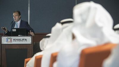 Gustavo Caruso, IAEA Director of Safety and Security Coordination, addresses Tuesday’s seminar reviewing changes to the Barakah nuclear power plant. Mona Al Marzooqi / The National