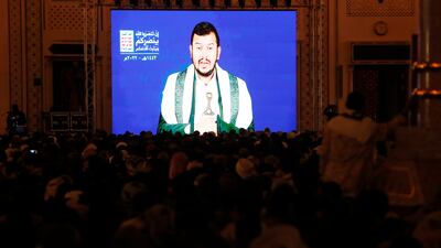 A speech by Houthi leader Abdul Malik Al Houthi is watched in a mosque in Sanaa, Yemen. EPA