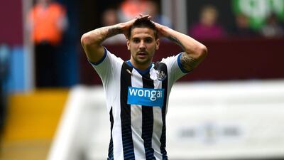 Newcastle United player Aleksander Mitrovic reacts after spurning a chance against Aston Villa in the Premier League on Saturday. Stu Forster / Getty Images / May 7, 2016