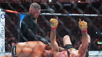 Islam Makhachev celebrates defeating Dustin Poirier after their lightweight title fight at UFC 302 at Prudential Center in New Jersey on Saturday June 1, 2024. USA Today