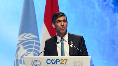 British Prime Minister Rishi Sunak delivers his national statement at the Cop27 summit in Sharm El Sheikh, Egypt, on Monday. Bloomberg