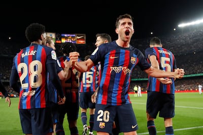 Barcelona's midfielder Sergi Roberto celebrates after scoring the equaliser during El Clasico against Real Madrid, at Camp Nou on March 19. EPA