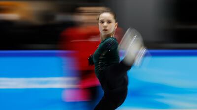 Figure skater Kamila Valieva of the Russian Olympic Committee in action during a practice session at the Beijing 2022 Olympic Games, Beijing, China, 14 February 2022. EPA