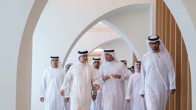 Sheikh Mansour, Dr Al Jaber and Mr Al Falasi during their tour of Expo City Dubai ahead of Cop28