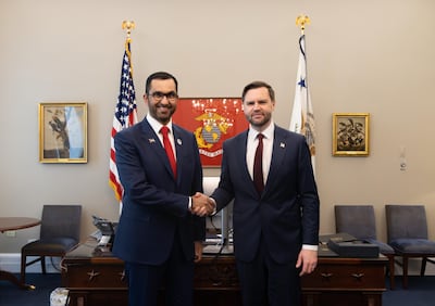 Dr Sultan Al Jaber, Minister of Industry and Advanced Technology and managing director and group chief executive of Adnoc, and US Vice President JD Vance in Washington on Wednesday. Photo: Adnoc