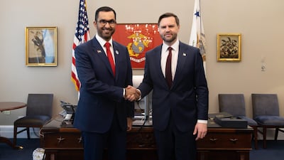 Dr Sultan Al Jaber, Minister of Industry and Advanced Technology and managing director and group chief executive of Adnoc, and US Vice President JD Vance in Washington on Wednesday. Photo: Adnoc