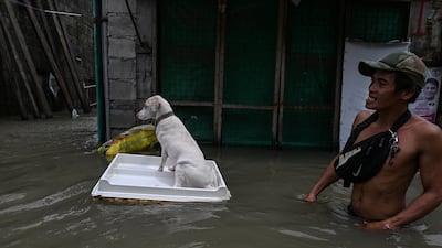A man wades through a waist-deep flood with his dog after a heavy overnight rain in Barangay Marulas. Reuters