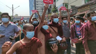 Buddhist monks take part in a protest against the military coup in Yangon, Myanmar. Reuters