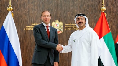 Sheikh Abdullah bin Zayed, Minister of Foreign Affairs and International Cooperation, and Denis Manturov, Russian Minister of Industry and Trade, co-chaired the UAE-Russia Joint Committee in Abu Dhabi on Sunday. Courtesy Wam