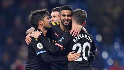 Manchester City's Riyad Mahrez celebrates scoring the fourth goal. AFP