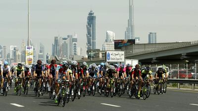 A view of the peloton during the inaugural 2014 Dubai Tour in February of last year. The 2015 Dubai Tour begins on Wednesday February 4, 2015. Christopher Pike / The National / February 8, 2014