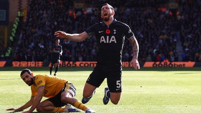 Tottenham Hotspur's Pierre-Emile Hojbjerg tangles with Wolverhampton Wanderers' Rayan Ait-Nouri. AFP