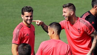 Real Madrid defenders Nacho Fernandez and Sergio Ramos during the training session. EPA