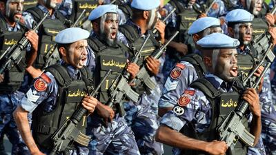 Members of Qatar’s Internal Security Force (ISF) participate in a military parade to mark Qatar’s National Day celebration.