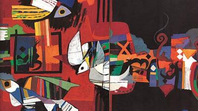 Dia Azzawi’s Red Sky with Birds, 1981