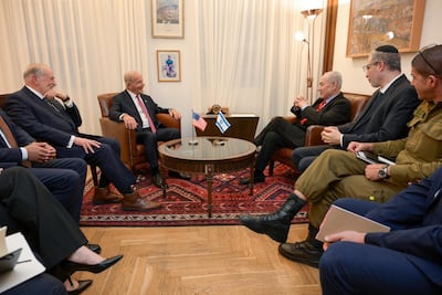 The US ambassadors to Israel and Lebanon, Mike Huckabee, left, and Michel Issa, second left, met Israeli Prime Minister Benjamin Netanyahu a day before the release of detainees. Photo: Prime Minister’s Office