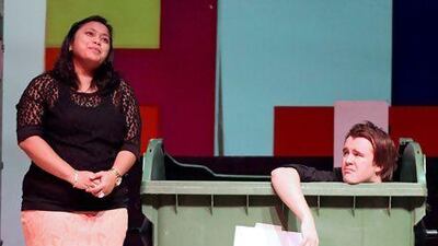 Melody Pino as Julia Sullivan and Paul Moore as Robbie Hart in The Wedding Singer. Fatima Al Marzouqi / The National