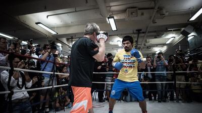 Manny Pacquiao shown during a sparring session in October prior to his previous fight, against Chris Algieri, last November. Philippe Lopez / AFP / October 27, 2014