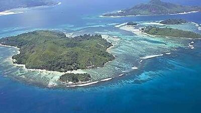 An aerial view of the north-east coast, close to the island of Mahe in Sychelles.