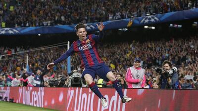 Lionel Messi celebrates his second goal on Wednesday in the Champions League semi-final first leg match against Bayern Munich at the Camp Nou. Gustau Nacarino / Reuters