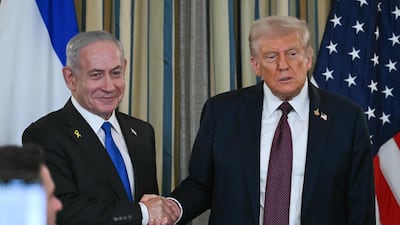 US President Donald Trump and Israeli Prime Minister Benjamin Netanyahu shaking hands at the White House in September 2025. AFP