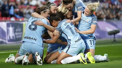 Carli Lloyd celebrates scoring Manchester City's third goal against Birmingham City with teammates. Manchester City won the SSE Women's FA Cup final 4-1 at Wembley. Matthew Childs / Reuters