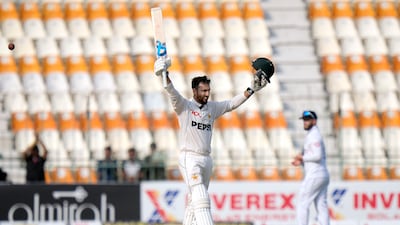 Pakistan's Salman Ali Agha celebrates after scoring century during the second day of the first test cricket match between Pakistan and England, in Multan, Pakistan, Tuesday, Oct. 8, 2024. (AP Photo / Anjum Naveed)