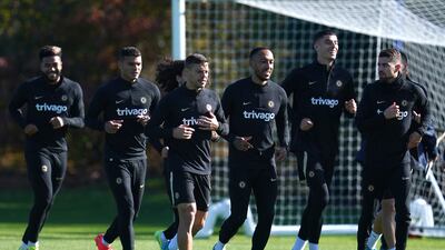 Chelsea's Reece James, Thiago Silva, Cesar Azpilicueta, Pierre-Emerick Aubameyang, Kai Havertz and Jorginho during a training at Cobham on the eve of their Champions League game against AC Milan. PA