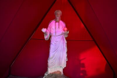 A tribute to Banksy in one of the eight tents at the Salt Camp's Louvre Abu Dhabi pop-up. Khushnum Bhandari / The National